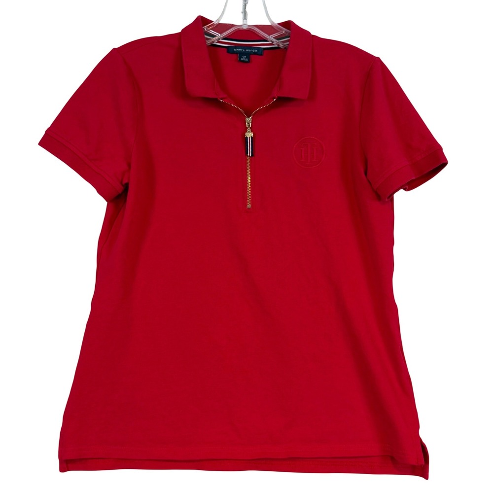 Tommy Hilfiger Womens Red Quarter Zip Polo Shirt Short‎ Sleeve S/P Layering Prep